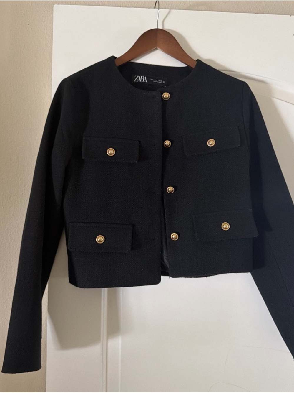 Zara Black Collarless Cropped Blazer with Gold Buttons